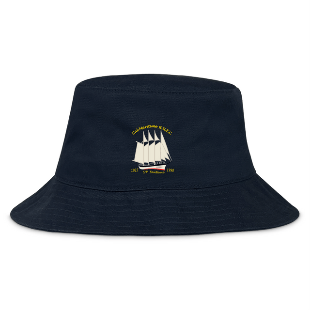 The Cal Maritime Rugby Crusher Bucket Cap by EMB S&S Activewear is a navy blue cotton twill hat with an embroidered white sailing ship and yellow "Cal Maritime R.I.P.C. 1927 S/V Tanker 1994" text, offering comfortable sun protection.