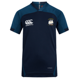 The Cal Maritime Rugby Vapodri Evader Jersey by EMB Canterbury is a navy blue and teal short-sleeve top with a white "Canterbury" logo, ship emblem on the left chest, and moisture-wicking technology for comfort during play.