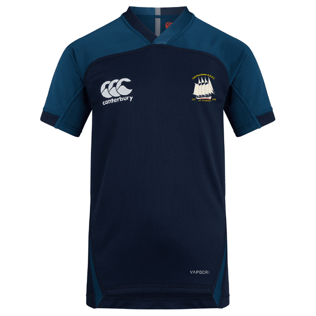 The Cal Maritime Rugby Vapodri Evader Jersey by EMB Canterbury is a navy blue and teal short-sleeve top with a white "Canterbury" logo, ship emblem on the left chest, and moisture-wicking technology for comfort during play.