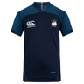 The Cal Maritime Rugby Vapodri Evader Jersey by EMB Canterbury is a navy blue and teal short-sleeve top with a white "Canterbury" logo, ship emblem on the left chest, and moisture-wicking technology for comfort during play.