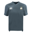 The Cal Maritime Rugby Vapodri Evader Jersey by EMB Canterbury is a gray short-sleeve top with a Canterbury logo on the right chest, sailboat emblem on the left, and moisture-wicking tech for comfort.