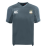 The Cal Maritime Rugby Vapodri Evader Jersey by EMB Canterbury is a gray short-sleeve top with a Canterbury logo on the right chest, sailboat emblem on the left, and moisture-wicking tech for comfort.