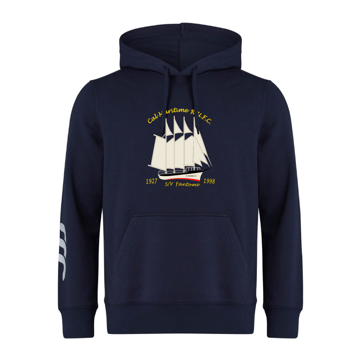 The Cal Maritime Rugby Club Hoodie by WRS Canterbury is a navy blue custom rugby hoodie with a sailboat graphic, yellow "Club Marítimo R LYC 1927 S/Y Fantome 1998" text on the front, and three white stripes on the left sleeve.