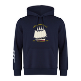 The Cal Maritime Rugby Club Hoodie by WRS Canterbury is a navy blue custom rugby hoodie with a sailboat graphic, yellow "Club Marítimo R LYC 1927 S/Y Fantome 1998" text on the front, and three white stripes on the left sleeve.