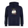 The Cal Maritime Rugby Club Hoodie by WRS Canterbury is a navy blue custom rugby hoodie with a sailboat graphic, yellow "Club Marítimo R LYC 1927 S/Y Fantome 1998" text on the front, and three white stripes on the left sleeve.