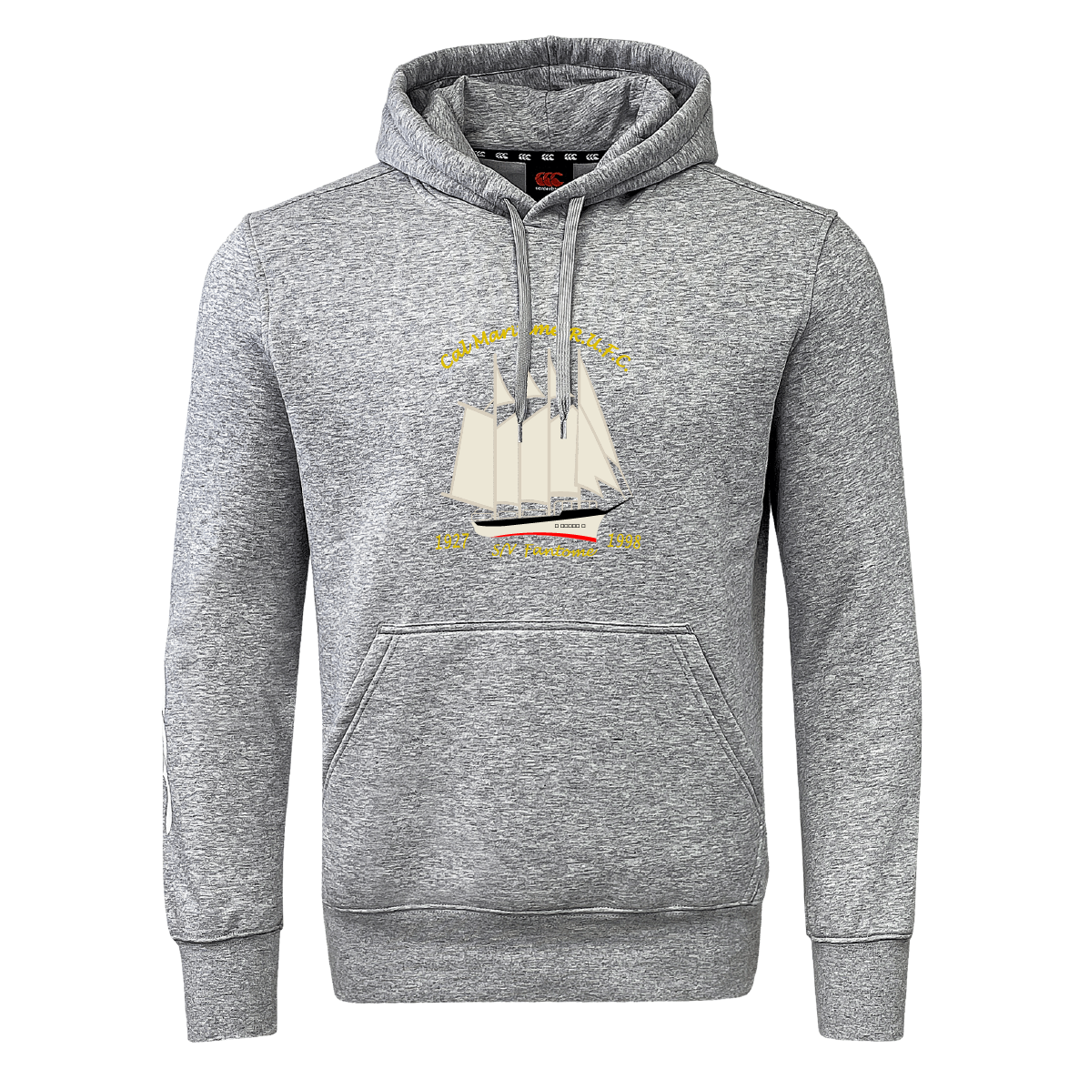 Show your Cal Maritime Rugby Club pride in style with the WRS Canterbury hoodie, featuring a sailing ship illustration, bold yellow chest text, front pocket, and a classic gray design.