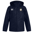 The Cal Maritime Rugby Club Vaposhield Stadium Jacket by EMB Canterbury is a navy blue, hooded, padded jacket with a zipper, Canterbury logo on the right chest, and a sailboat emblem on the left chest.