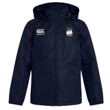 The Cal Maritime Rugby Club Vaposhield Stadium Jacket by EMB Canterbury is a navy blue, hooded, padded jacket with a zipper, Canterbury logo on the right chest, and a sailboat emblem on the left chest.