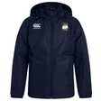 The Cal Maritime Rugby Club Vaposhield Full Zip Rain Jacket by EMB Canterbury features a navy blue hood, full zipper, right chest Canterbury logo, left chest embroidered sailing ship emblem, and water-resistant VapoShield technology.