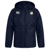The Cal Maritime Rugby Club Vaposhield Full Zip Rain Jacket by EMB Canterbury features a navy blue hood, full zipper, right chest Canterbury logo, left chest embroidered sailing ship emblem, and water-resistant VapoShield technology.