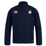The Cal Maritime Rugby Club Track Jacket by EMB Canterbury features a navy zip-up design, right chest Canterbury logo, and sailboat emblem on the left. This lightweight, quick-drying jacket is ideal for active or casual wear.