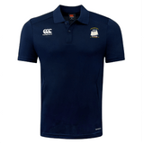 The Cal Maritime Rugby Club Dry Polo by EMB Canterbury is a navy blue, short-sleeve polo with buttons, embroidered ship and Canterbury logos, and Vapodri Technology for breathable comfort.