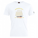 The Cal Maritime Rugby Club Plain Tee by WRS Canterbury is a white cotton blend shirt with a four-masted ship illustration and "Cal Maritime R.U.F.C.", "1927", "S/V Fantome", and "1998" printed, offering comfort and style.