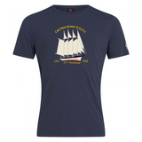 The Cal Maritime Rugby Club Plain Tee by WRS Canterbury is a navy blue cotton blend shirt featuring "Cal Maritime R.U.F.C.," "S/V Fantome," and the years "1927" and "1998." Perfect for maritime fans.