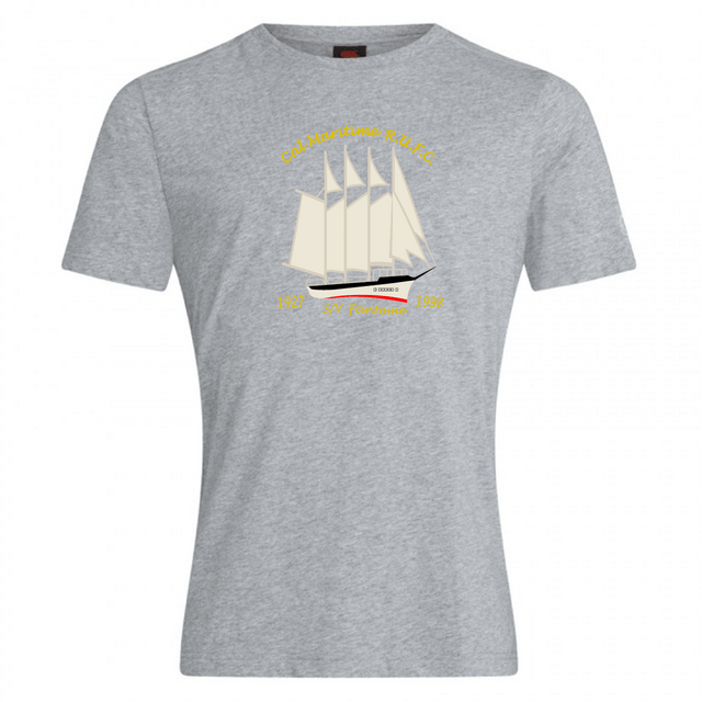 The Cal Maritime Rugby Club Plain Tee by WRS Canterbury is a gray cotton blend T-shirt with a sailing ship graphic and the text "Gold Maritime Routes" plus the dates "1897" and "1909.
