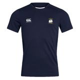 The Cal Maritime Rugby Club Dry Tee by EMB Canterbury is a navy short-sleeve athletic shirt with a ship logo on the left chest, Canterbury logo on the right, and Vapodri tech for cool, dry comfort.