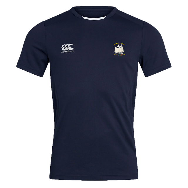 The Cal Maritime Rugby Club Dry Tee by EMB Canterbury is a navy short-sleeve athletic shirt with a ship logo on the left chest, Canterbury logo on the right, and Vapodri tech for cool, dry comfort.