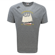 The Cal Maritime Rugby Tempo Vapodri T-Shirt by WRS Canterbury is a grey short-sleeve performance tee featuring a graphic of a sailing ship with the text "Celebration of Life," "S/V Fantome," and the years "1927-1998" on the front.