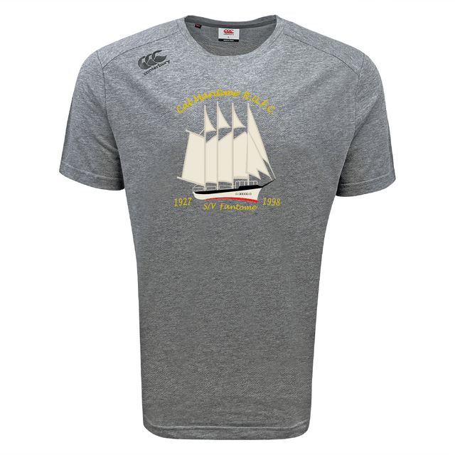 The Cal Maritime Rugby Tempo Vapodri T-Shirt by WRS Canterbury is a grey short-sleeve performance tee featuring a graphic of a sailing ship with the text "Celebration of Life," "S/V Fantome," and the years "1927-1998" on the front.