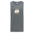 The Cal Maritime Rugby Tempo Vapodri Singlet by WRS Canterbury is a gray sleeveless top made from recycled polyester, with a bold sailing ship graphic and yellow "Cadet Maritime Rugby, 1957, St. Petersburg, 1998" text on the chest.