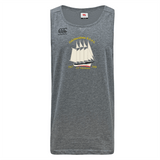 The Cal Maritime Rugby Tempo Vapodri Singlet by WRS Canterbury is a gray sleeveless top made from recycled polyester, with a bold sailing ship graphic and yellow "Cadet Maritime Rugby, 1957, St. Petersburg, 1998" text on the chest.