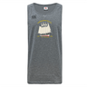 The Cal Maritime Rugby Tempo Vapodri Singlet by WRS Canterbury is a gray sleeveless top made from recycled polyester, with a bold sailing ship graphic and yellow "Cadet Maritime Rugby, 1957, St. Petersburg, 1998" text on the chest.