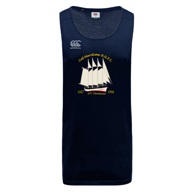 Navy blue Cal Maritime Rugby Tempo Vapodri Singlet by WRS Canterbury, featuring a ship graphic, gold "Cal Maritime R.F.C." text, and years "1927" and "1998"—a sustainable CCC sleeveless jersey made from recycled polyester.