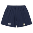 The Cal Maritime Rugby Yokohama Short by EMB Canterbury features durable navy blue fabric, an elastic waistband, the Canterbury logo, and a front boat emblem for secure fit and style.