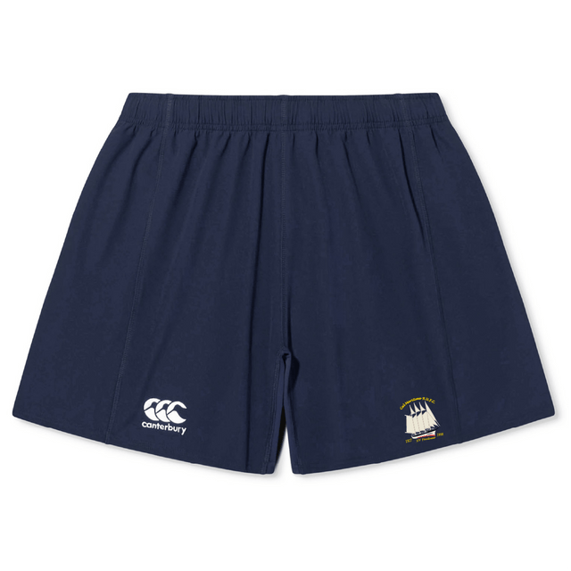 The Cal Maritime Rugby Yokohama Short by EMB Canterbury features durable navy blue fabric, an elastic waistband, the Canterbury logo, and a front boat emblem for secure fit and style.