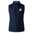 The Cal Maritime Rugby Women's Elite Microlite Gilet by EMB Canterbury is a navy blue insulated vest with a front zip, high collar, ship logo on the chest, and thermoreg fleece for warmth—ideal for elite performance.