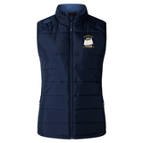 The Cal Maritime Rugby Women's Elite Microlite Gilet by EMB Canterbury is a navy blue insulated vest with a front zip, high collar, ship logo on the chest, and thermoreg fleece for warmth—ideal for elite performance.