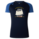 The Cal Maritime Rugby Women's Elite Training Tee by WRS Canterbury features a white sailing ship graphic, "Col Maritime R.U.F.C.," years 1927 and 1998, and "S/V Fantome" on a navy blue short-sleeve design in lightweight, breathable fabric.