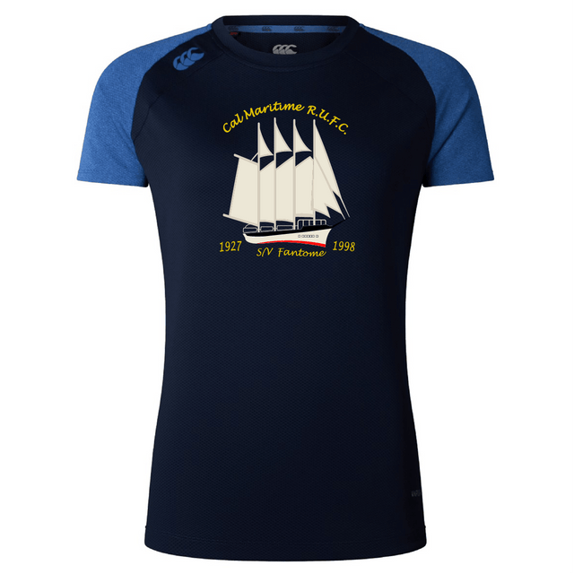 The Cal Maritime Rugby Women's Elite Training Tee by WRS Canterbury features a white sailing ship graphic, "Col Maritime R.U.F.C.," years 1927 and 1998, and "S/V Fantome" on a navy blue short-sleeve design in lightweight, breathable fabric.