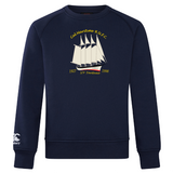 The Cal Maritime Rugby Club Crew Sweatshirt by WRS Canterbury is an ultra-soft navy top with a sailboat graphic, yellow "Cal Maritime R.I.L.F.C.," dates "1927" & "1998," and a small white logo on the left sleeve.