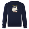 The Cal Maritime Rugby Club Crew Sweatshirt by WRS Canterbury is an ultra-soft navy top with a sailboat graphic, yellow "Cal Maritime R.I.L.F.C.," dates "1927" & "1998," and a small white logo on the left sleeve.