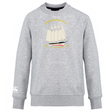 The Cal Maritime Rugby Club Crew Sweatshirt by WRS Canterbury features a sailboat illustration and yellow "Cad Maritime R.U.F.C. 1927 SY Fantome 1939" text on light grey ultra soft fabric for superior comfort.