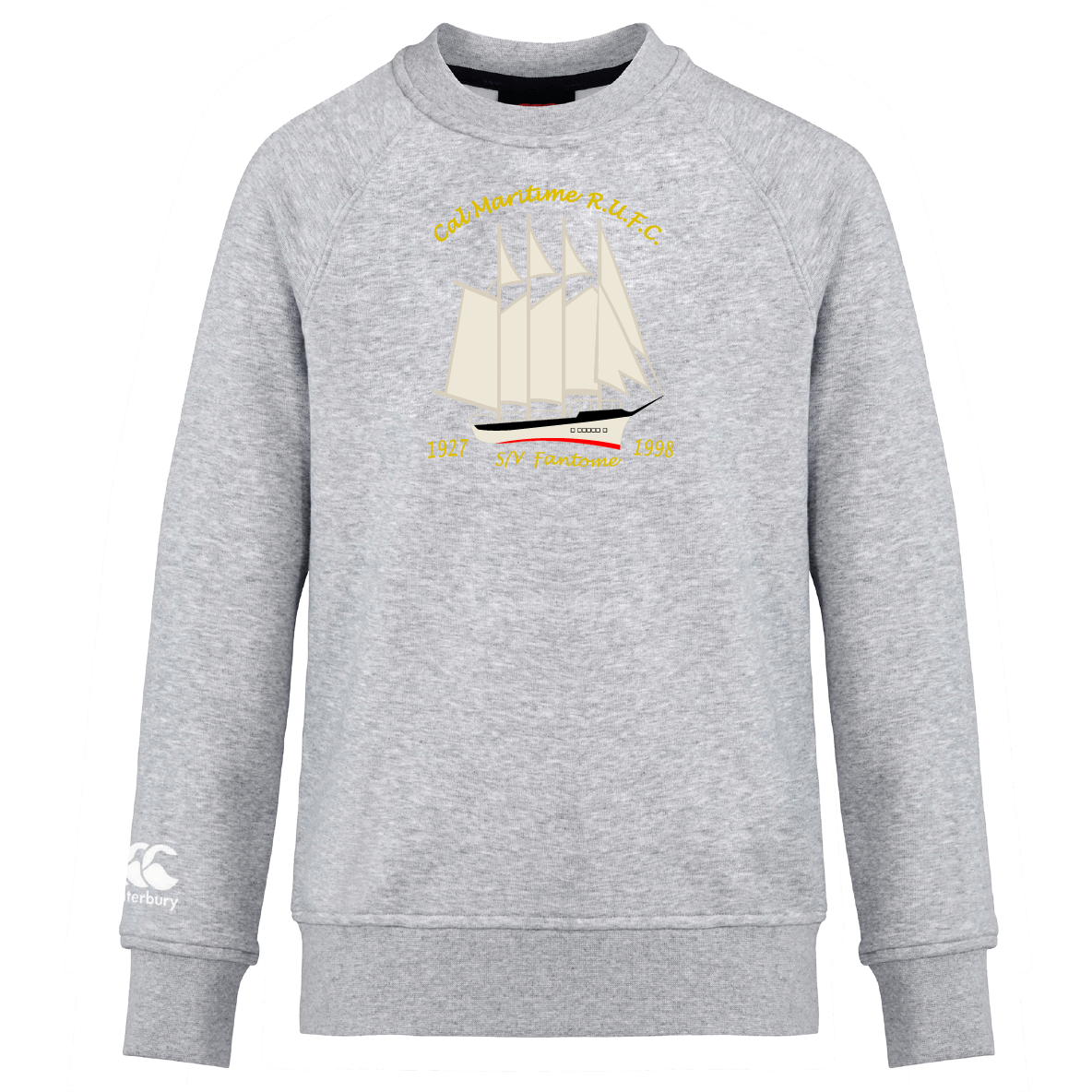The Cal Maritime Rugby Club Crew Sweatshirt by WRS Canterbury features a sailboat illustration and yellow "Cad Maritime R.U.F.C. 1927 SY Fantome 1939" text on light grey ultra soft fabric for superior comfort.