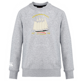 The Cal Maritime Rugby Club Crew Sweatshirt by WRS Canterbury features a sailboat illustration and yellow "Cad Maritime R.U.F.C. 1927 SY Fantome 1939" text on light grey ultra soft fabric for superior comfort.