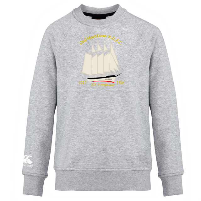 The Cal Maritime Rugby Club Crew Sweatshirt by WRS Canterbury features a sailboat illustration and yellow "Cad Maritime R.U.F.C. 1927 SY Fantome 1939" text on light grey ultra soft fabric for superior comfort.
