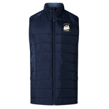 The EMB Canterbury Cal Maritime Rugby Elite Microlite Gilet is a navy blue, sleeveless insulated vest with a front zipper and small sailing ship logo on the left chest, inspired by the Canterbury Elite Gilet style.