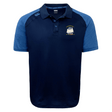 The Cal Maritime Rugby Elite Polo by EMB Canterbury features short navy and light blue sleeves, a collar, and a sailboat logo on the chest. Made from Vapodri fabric, this lightweight, durable polo is perfect for everyday wear.