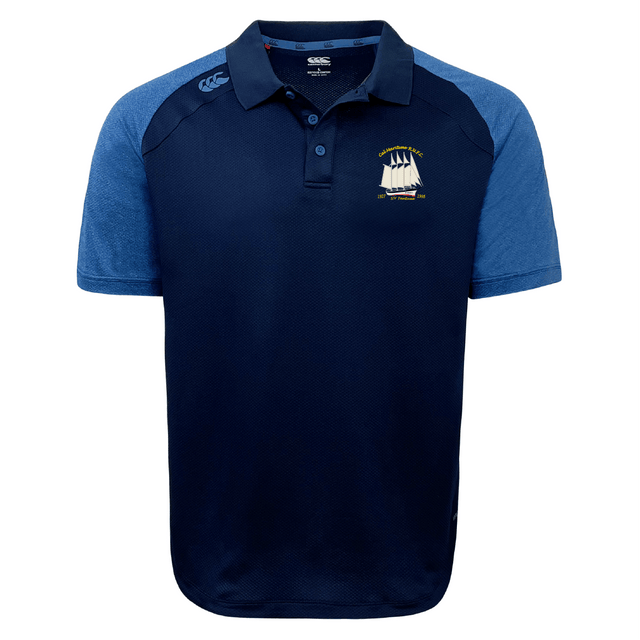 The Cal Maritime Rugby Elite Polo by EMB Canterbury features short navy and light blue sleeves, a collar, and a sailboat logo on the chest. Made from Vapodri fabric, this lightweight, durable polo is perfect for everyday wear.