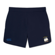 The Cal Maritime Rugby Elite Woven Short by EMB Canterbury features a navy blue design with a ship logo and yellow text on the right leg, a blue Canterbury logo on the left, zippered pockets, and is shown on a white background.