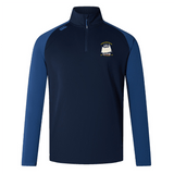 The Cal Maritime Rugby Elite First Layer by EMB Canterbury is a navy and royal blue quarter-zip training top featuring a sailing ship logo on the left chest, small right shoulder logo, and VapoDri tech for workout comfort.