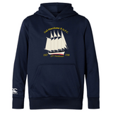 The Cal Maritime Rugby Club Lightweight Hoodie by WRS Canterbury is a navy blue hoodie with a white sailing ship, “Cal Maritime R.I.U.F.C.,” 1927-1998 and “S/V Fantome” graphics, kangaroo pocket, and Canterbury Club sleeve logo.