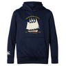 The Cal Maritime Rugby Club Lightweight Hoodie by WRS Canterbury is a navy blue hoodie with a white sailing ship, “Cal Maritime R.I.U.F.C.,” 1927-1998 and “S/V Fantome” graphics, kangaroo pocket, and Canterbury Club sleeve logo.