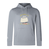 The Cal Maritime Rugby Club Lightweight Hoodie by WRS Canterbury features a sailboat illustration with yellow text, kangaroo pocket, and drawstrings—ideal for club outings.
