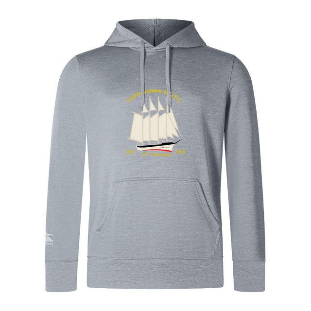 The Cal Maritime Rugby Club Lightweight Hoodie by WRS Canterbury features a sailboat illustration with yellow text, kangaroo pocket, and drawstrings—ideal for club outings.