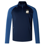 The Cal Maritime Rugby Club 1/4 Zip Mid Layer Training Top by EMB Canterbury features navy and royal blue, long sleeves, zippered pockets, and an embroidered ship logo—ideal custom sportswear or a stylish rugby training top.