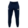 The Cal Maritime Rugby Leisure Sweatpant by EMB Canterbury is navy blue, made sustainably, features a drawstring waist, and has two small embroidered logos on the upper front thighs.